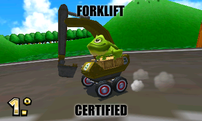 A frog on Mario Kart 7 in a excavator with the text 'forklift certified'